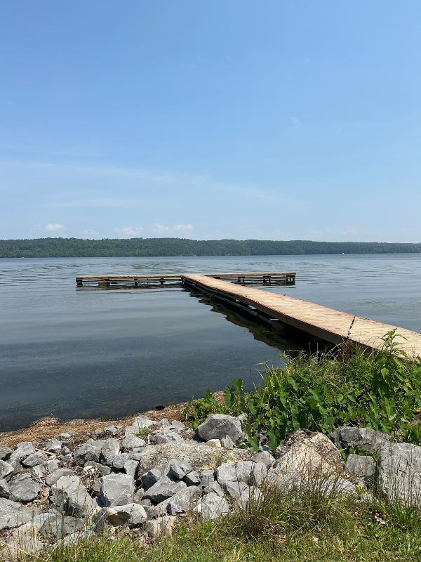 A dock stretching into Lake Guntersville in Guntersville, Alabama