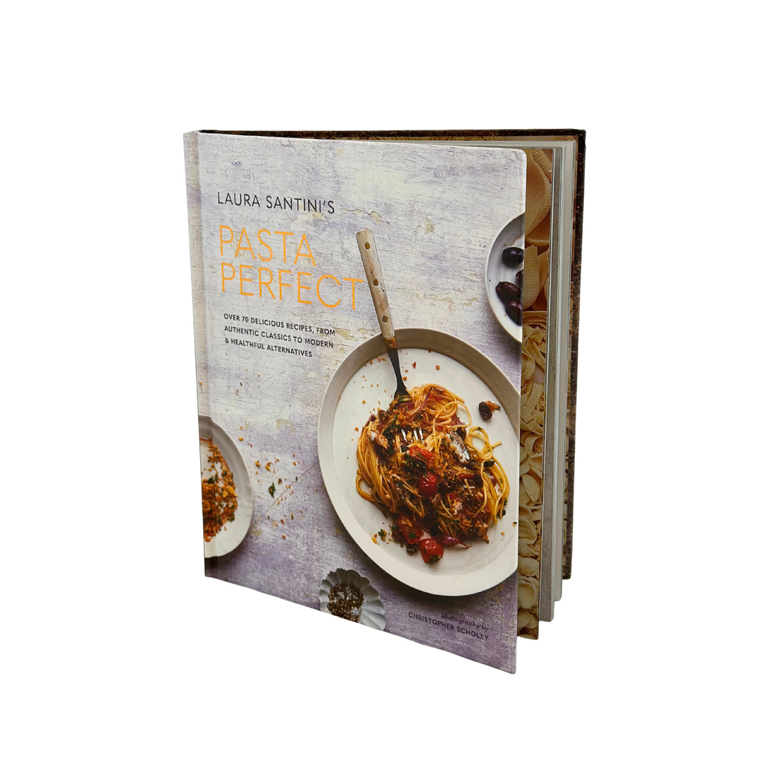 Cookbook titled 'Pasta Perfect' by Laura Santini on a white background