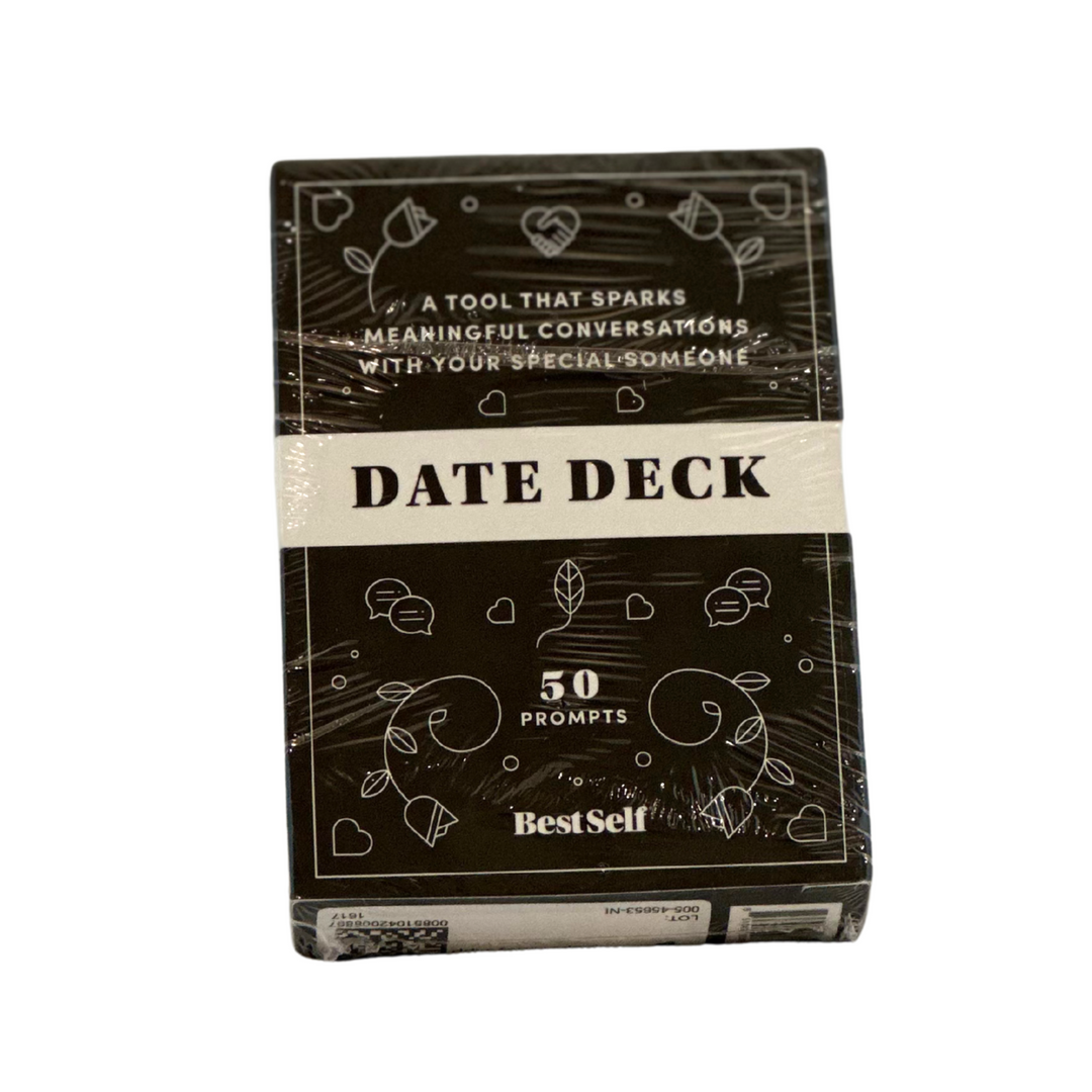 Date Deck packaging with text and design elements on a white background
