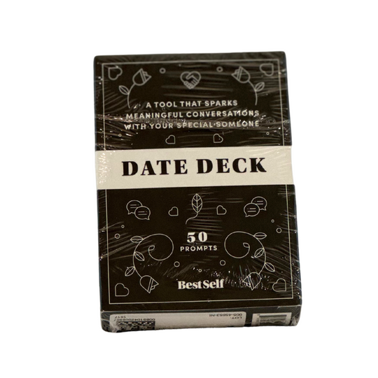 Date Deck packaging with text and design elements on a white background