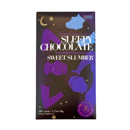 Sleepy chocolate packaging with purple figures and stars on a dark background