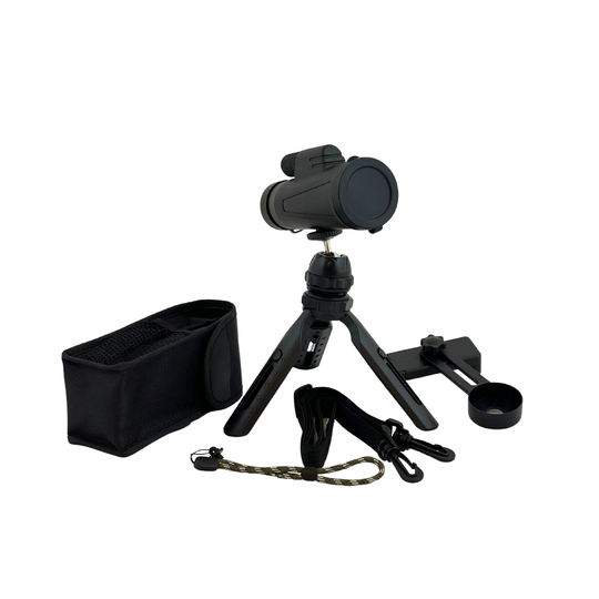 Black monocular with tripod and carrying case on a white background