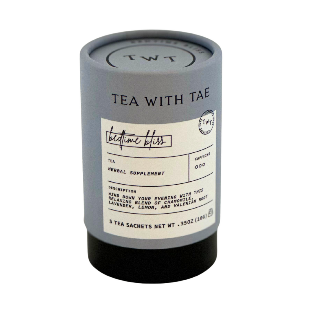 Bedtime Bliss tea from with 'Tea with Tae' branding on a white background