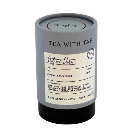 Bedtime Bliss tea from with 'Tea with Tae' branding on a white background